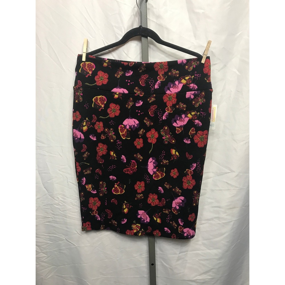 LuLaRoe Cassie Pencil Skirt XL Black Pink Floral Butterfly Print Stretch New